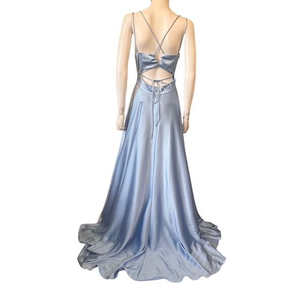 IEENA MAC DUGGAL Powder Blue Satin Strappy-Back High Slit Gown Size 6 - Picture 7 of 9